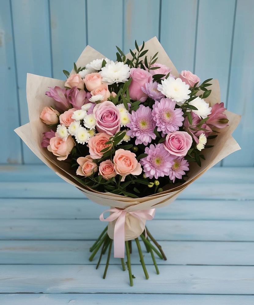 Букет цветов из: Хризантемы, Розы и Альстромерии в Ирбейском