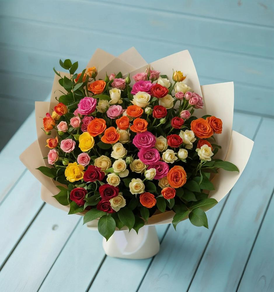 Букет Микс из разноцветных кустовых роз в Ирбейском