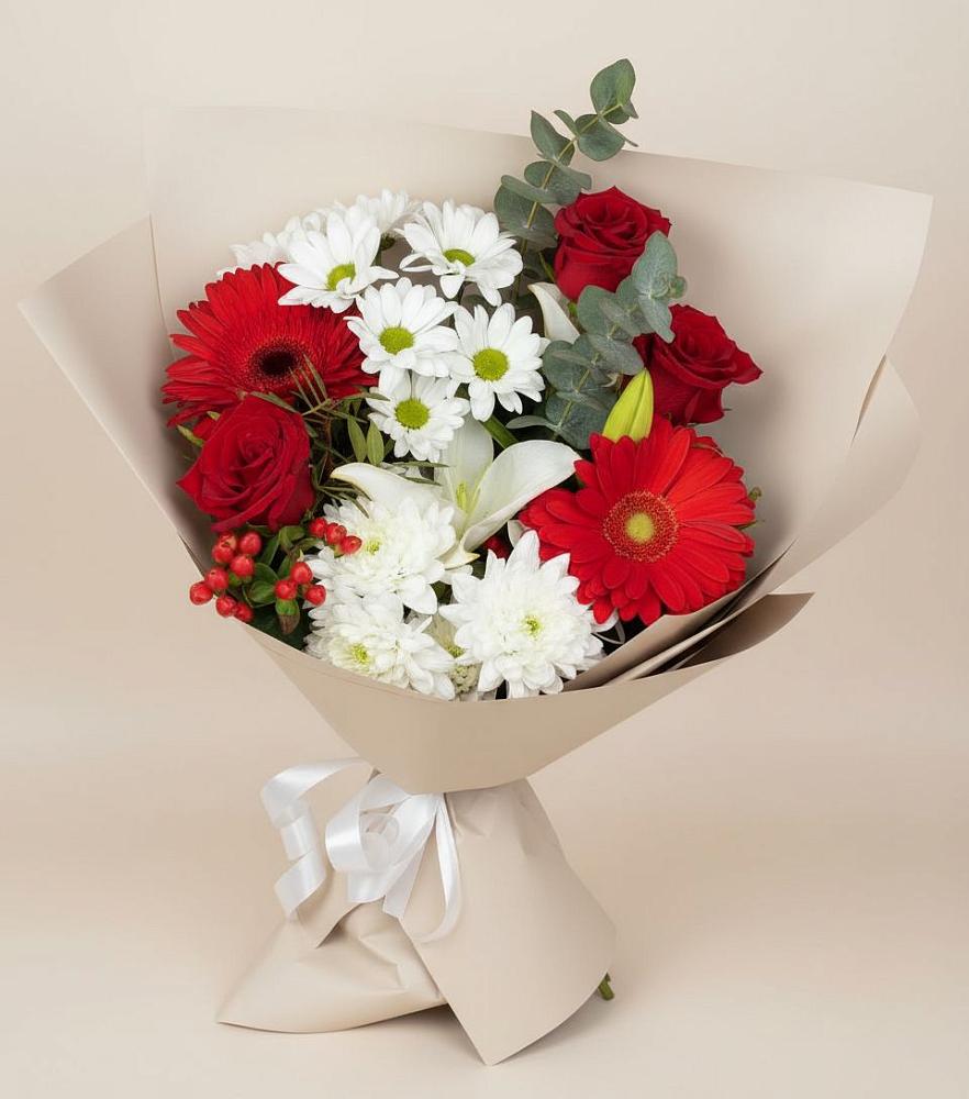 Букет цветов из: Розы, Хризантемы, Герберы и Лилии в Ирбейском