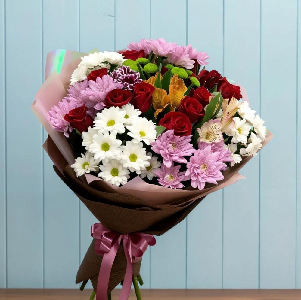 Букет цветов из: Розы, Хризантемы и Альстромерии в Ирбейском