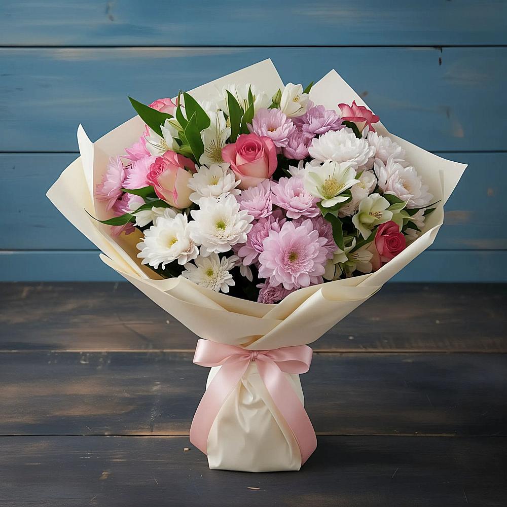 Букет цветов из: Хризантемы, Альстромерии и Розы в Ирбейском